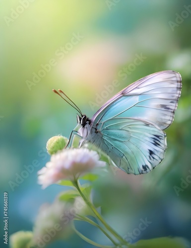 Beauty in nature. Tranquil closeup of butterfly, soft morning sunlight pastel colors. Peaceful bright blue green blur lush foliage. Sunset abstract macro spring nature amazing artistic natural Generat © Jaon