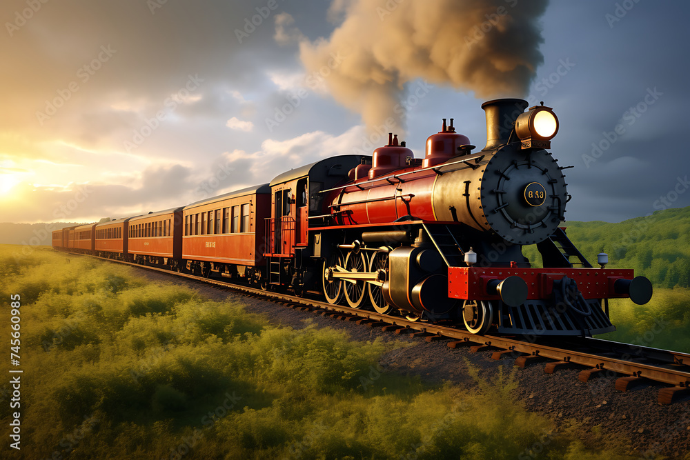 Fototapeta premium Steam locomotive in the countryside at sunset.