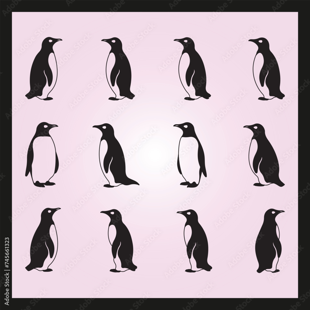 Naklejka premium Penguin silhouette set Clipart on a hex color background