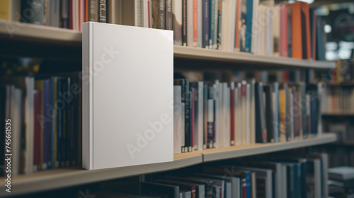 Bookshelf and Empty White Book with Blank Cover. Book presentation template. photo