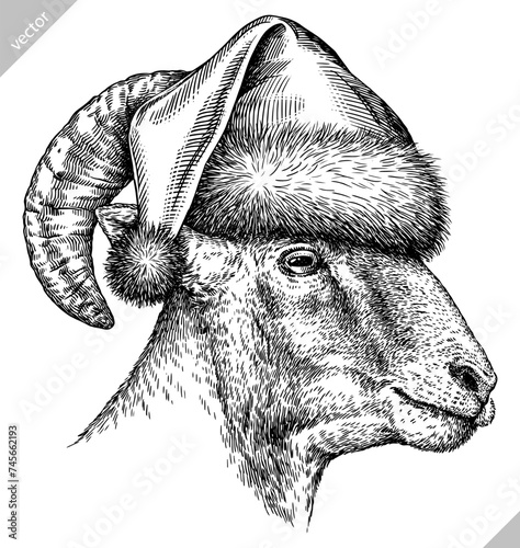 Vintage engraving isolated lamb set dressed christmas illustration ram ink santa costume sketch. Farm animal sheep background mutton silhouette new year hat art. Hand drawn vector image