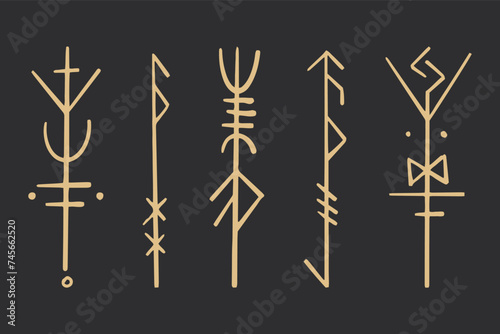 Set golden nordic celtic runes borders, norse protection symbols line style, amulet, witchcraft signs on dark background. photo