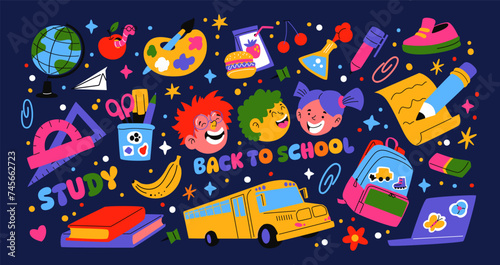 Set cartoon back to school stickers in the 90s style. Retro elements, office, study. Groovy characters students, school supplies, lessons, university. Trendy bright vector set