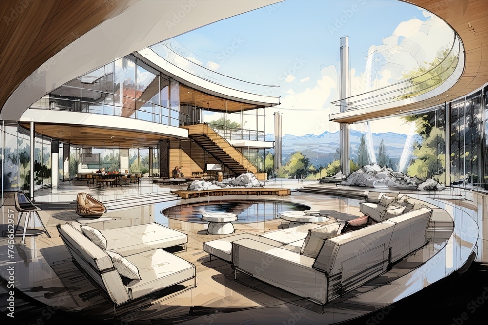 Fototapeta premium Interior design of a luxury living room. Sketch drawing, blueprint design. Ai Generative