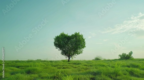 Heart shape tree on green grass field. Love symbol  banner