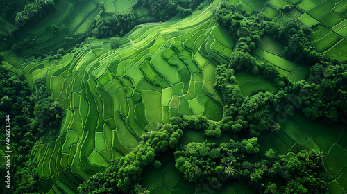 An aerial shot captures the stunning and intricate patterns of verdant rice terraces carved into the landscape, surrounded by tropical foliage.