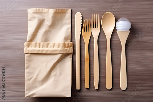 Eco-friendly disposable tableware on wooden background, top view