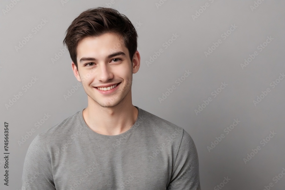 Attractive man in casual clothes, smiling and looking at the camera, isolated on a grey background with copy space. Attractive man in casual clothes, smiling and looking at the camera, isolated on a grey background with copy space.
