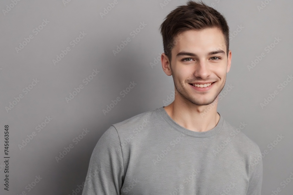 Obraz premium Attractive man in casual clothes, smiling and looking at the camera, isolated on a grey background with copy space.