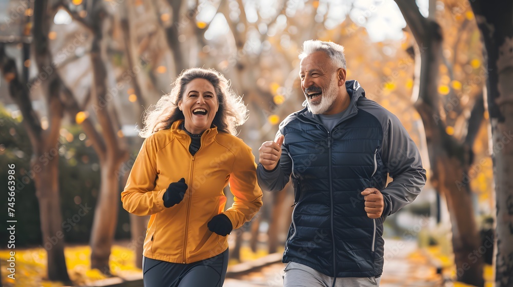 Sweet and happy senior couple jogging for exercise together Sweet and happy senior couple jogging for exercise together