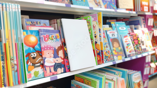 Shelves with Children's Books in a Bookstore Mock Up. Suitable for book sale project.