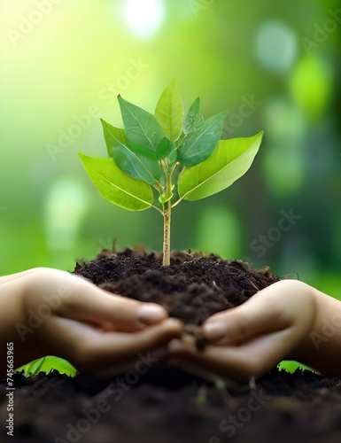 environment Earth Day In the hands of trees growing seedlings. Bokeh green Background Female hand holding tree on nature field grass Forest conservation concept Generative AI