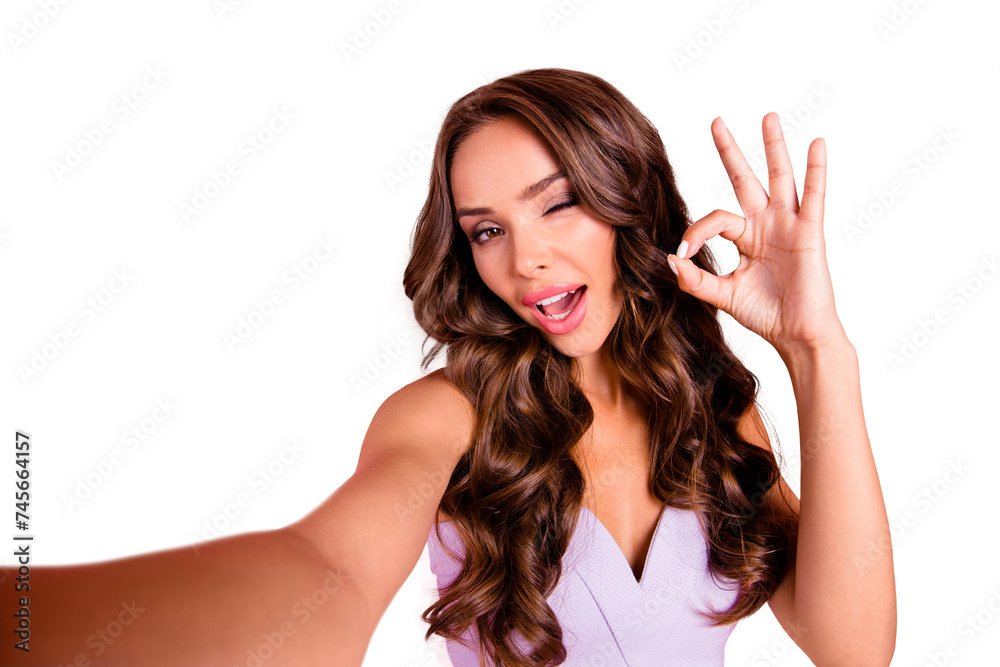 Self-portrait of nice adorable attractive cute gorgeous positive gentle magnificent tender flirty wavy-haired girl showing ok-sign, isolated over pink background Self-portrait of nice adorable attractive cute gorgeous positive gentle magnificent tender flirty wavy-haired girl showing ok-sign, isolated over pink background