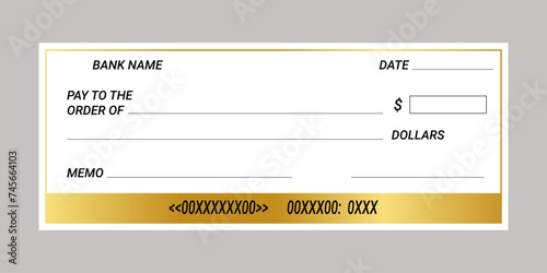 Blank money check, blank bank check template. Bank checkbook background.