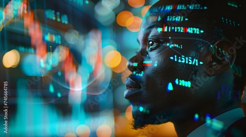 An African American financial analyst and digital entrepreneur successfully trades while analyzing investment charts, graphs, and ticker numbers projected onto his face in a portrait