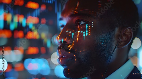 An African American financial analyst and digital entrepreneur successfully trades while analyzing investment charts, graphs, and ticker numbers projected onto his face in a portrait