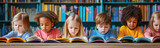 Group of children sitting indoors and reading books. Information, intelligence, knowledge concept.