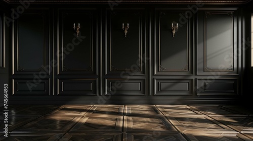 luxury interior 3d render. Wall mockup. Black room with brown interior.