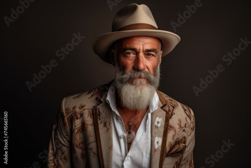 Portrait of an old man with a long white beard and mustache in a vintage shirt and hat.