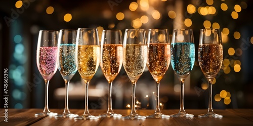 "Assorted Champagne Glasses Creating a Festive Background Filled with Bubbles". Concept Party Decor, Glassware, Champagne, Festive Atmosphere, Bubbles