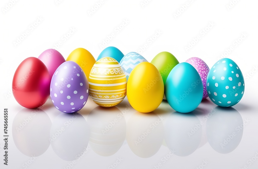 Easter eggs in a basket and on the table, white card, space for text