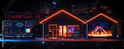 Neon Smart Home and Analytics Interface. A smart home visualisation with neon lighting and detailed analytics interface on digital devices.