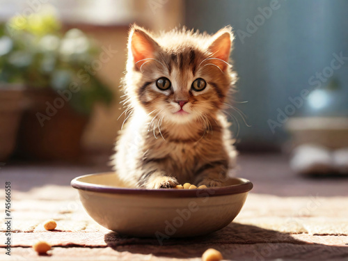 An adorable tabby kitten gazes up while eating out of a ceramic bowl, basking in warm sunlight