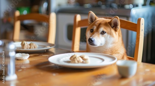 Cute shiba inu dog and against wooden table on unfocused background.