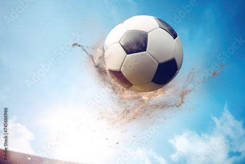 Soccer ball flies in the air from a kick  traces of trajectory  Dark background isolate.