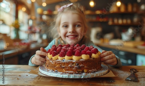 little girl in a café with cake decorated with berries. and cream. 