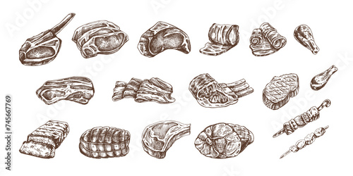 Set of hand-drawn sketches of different types of meat, steaks, chicken, kebabs, bacon, tenderloin, pork, beef, ham, barbecue. Vintage illustration on white background.