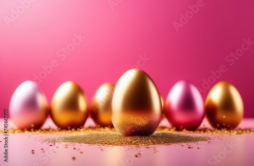 Easter golden eggs on pink background greeting card