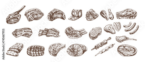 Set of hand-drawn sketches of different types of meat, steaks, chicken, kebabs, bacon, tenderloin, pork, beef, ham, barbecue. Vintage illustration on white background.