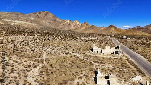 DJI 115911-Aerial-Ghost town ruins-Ryolite, Nevada along Ryolite Road; formerly Golden Street in the day of this once booming mining town. Rhyolite is at the northern end of the Amargosa Desert.