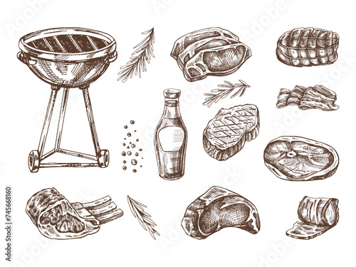 Set of hand-drawn sketches of barbecue elements. For the design of the menu of restaurants and cafes, grilled food. Doodle vintage illustration. Engraved image.