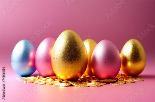 Easter golden eggs on pink background greeting card