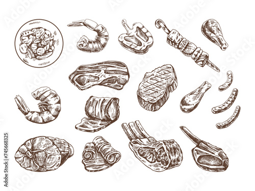 Set of hand-drawn sketches of different types of meat, steaks, shrimp, chicken, grilled vegetables, barbecue. Doodle vintage illustration. Engraved image.