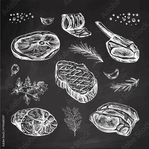 Set of hand-drawn sketches of barbecue meat pieces with herbs and seasonings on chalkboard background. For design of the menu, steaks. Vintage illustration. The engraved image.