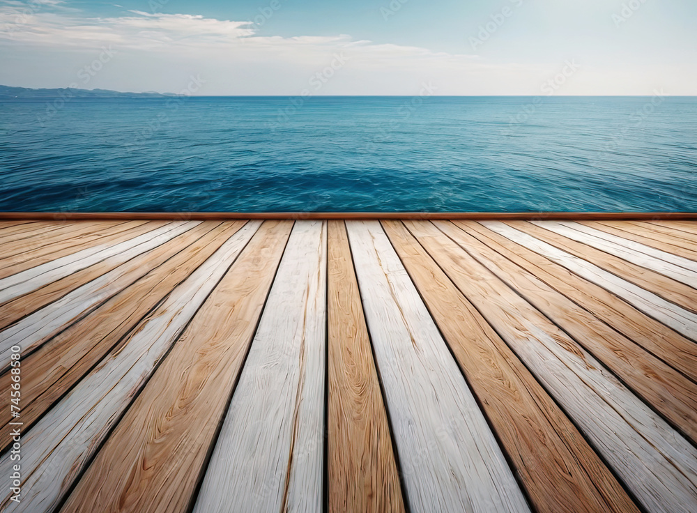 Wooden floor with blue sea and sky background Wooden floor with blue sea and sky background