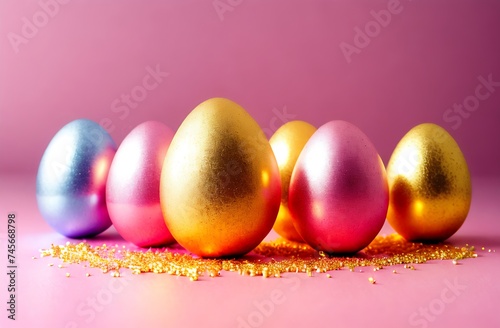 Easter golden eggs on pink background greeting card