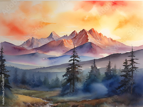 Beautiful sunrise at the mountain watercolor painting background