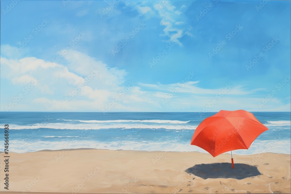 red umbrella parasol on he beach with blue sea and sky in summer. 