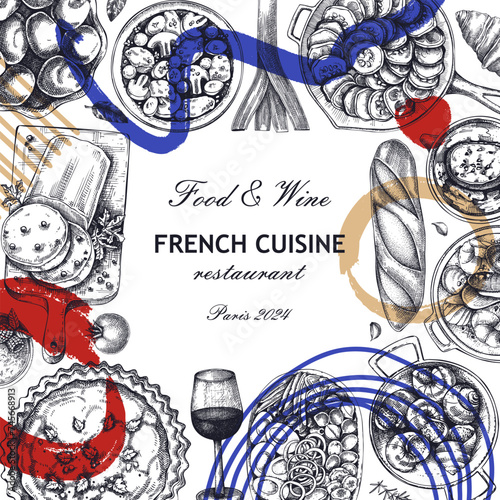 Collage-style French food frame design. Trendy food and wine sketches. European restaurant menu template. France background. Hand-drawn vector illustration, NOT AI generated