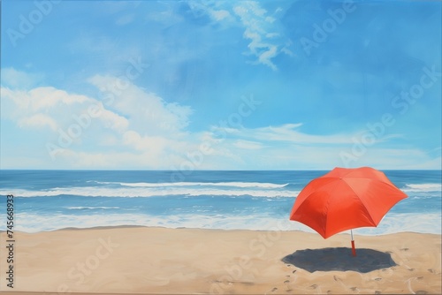 red umbrella parasol on he beach with blue sea and sky in summer. 