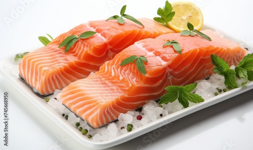 salmon fish meat, on a wooden coaster, black background