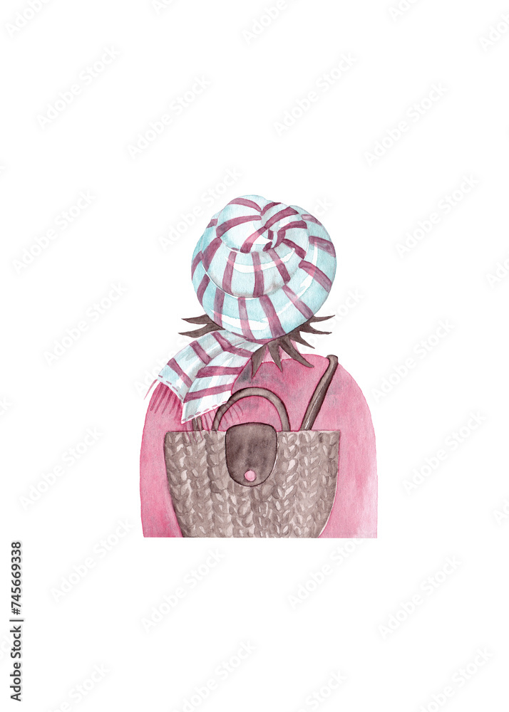 A girl with a scarf on her head and a knitted backpack behind her back. Traveler in a turban. Back view. Watercolor cartoon character illustration A girl with a scarf on her head and a knitted backpack behind her back. Traveler in a turban. Back view. Watercolor cartoon character illustration