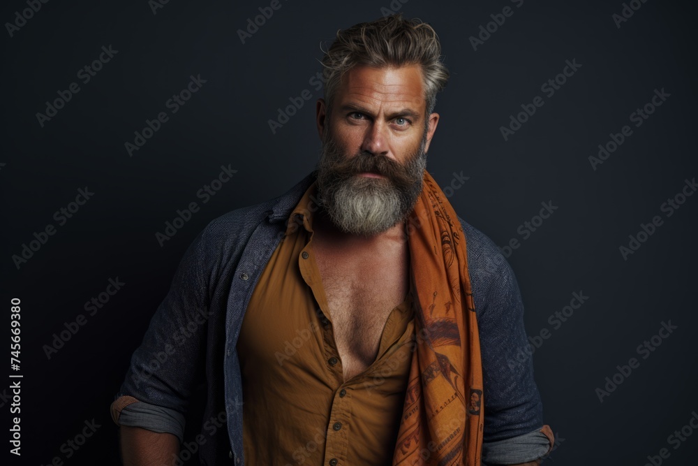 Portrait of a handsome bearded man with orange scarf. Men's beauty, fashion.