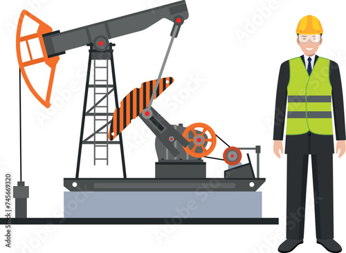 Standing Engineer in Safety Helmet and Oil Pump in Flat Style. Vector Illustration.