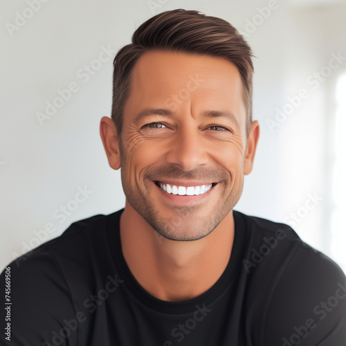 happy young man smiling, black t-shirt, elegantly formal, dark white and black