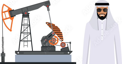 Arab Muslim Businessman in Traditional National Clothes and Oil Pump in Flat Style. Vector Illustration.